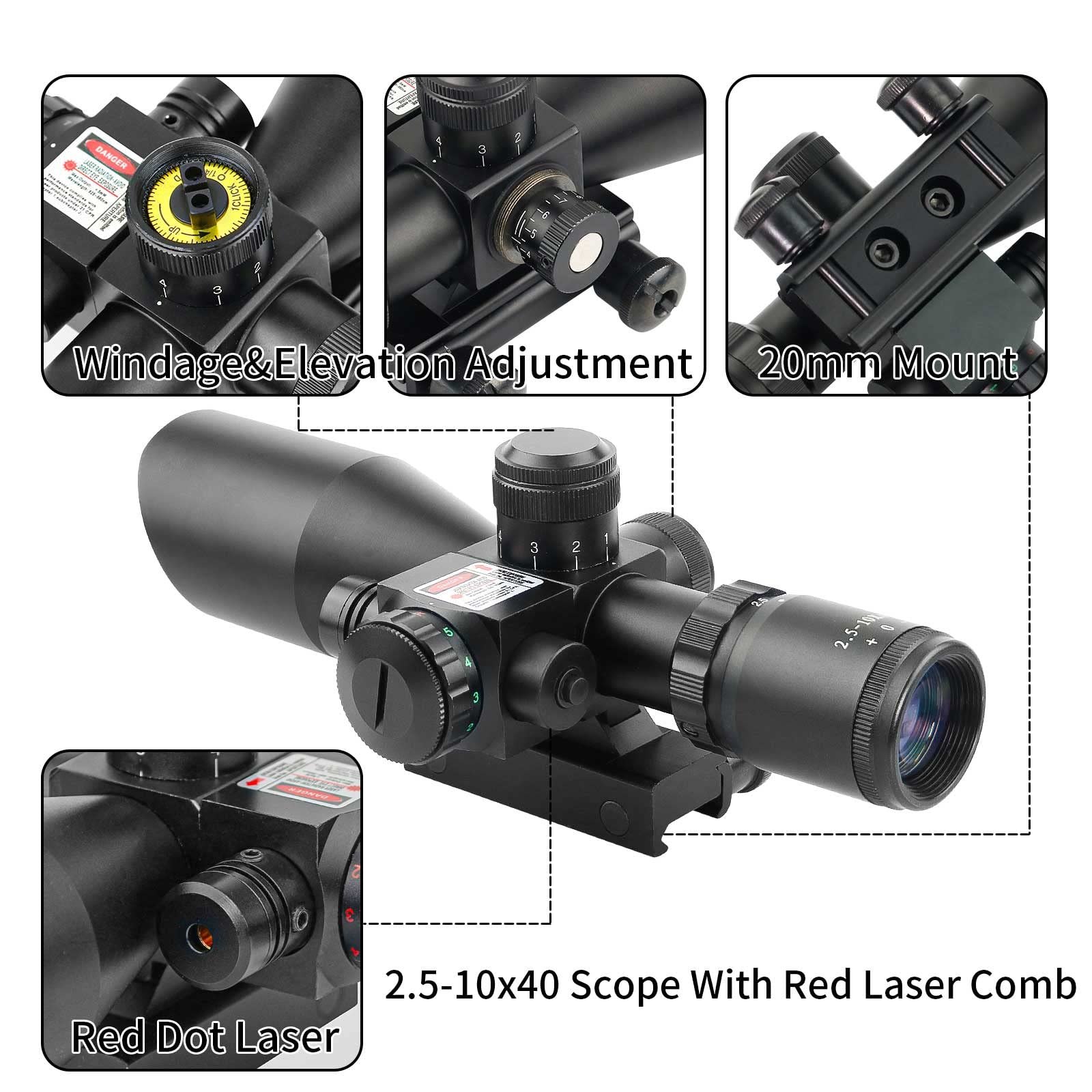 2.5-10X40ER ILLUMINATED RIFLESCOPE WITH RED LASER SCOPE HUNTING SCOPE - OPTICREV